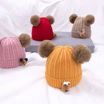 

New Cartoon Wool Baby Hat Autumn Winter Toddler Crochet Knitted Beanie Cap Kids Keep Warm Double Pompom Infant Caps 0-12 Months