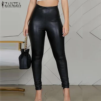 

Women's Pencil Trousers 2020 ZANZEA Spring Fashion PU Leather Pants Elastic Waist Long Pantalon Palazzo Female Solid Turnip 5XL