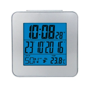 

Global Radio Controlled Alarm Clock With Indoor Thermometer Time Snooze Optional Language Digital Weather Stations Silver