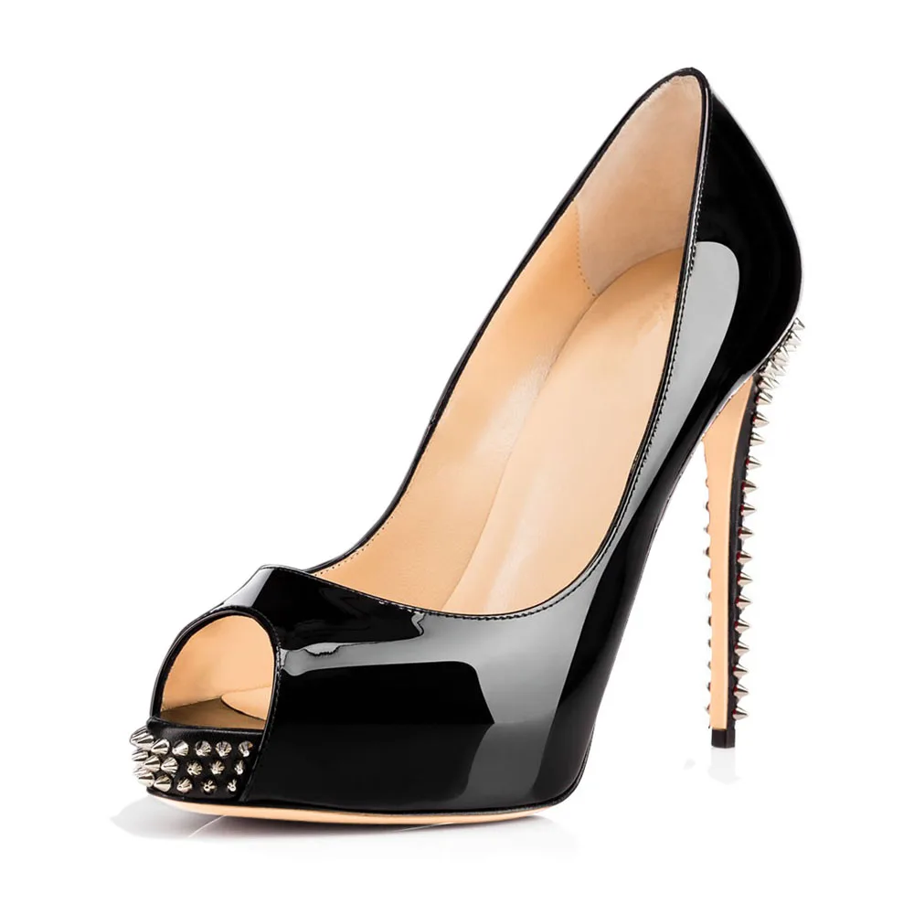 

2021 Women Black Platform Pumps Patent Leather Rivets Design High Heels High Quality Stilettos Open Toe Pumps Party Shoes Woman