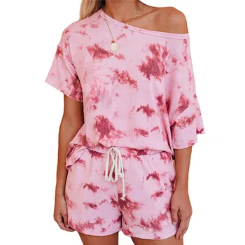

2 Pieces Nightwear Set for Women Female 2020 Tie-Dye Print Round Neck Elbow Sleeve Top+Pyjama Trousers( Pink, S/M/L/XL)