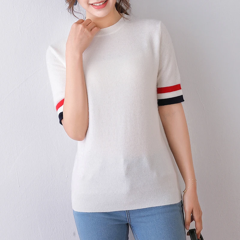 female T-shirt white knitted pullover short sleeves spring warm fashion women tops round neck short casual wool shirt female T-shirt white knitted pullover short sleeves spring warm fashion women tops round neck short casual wool shirt