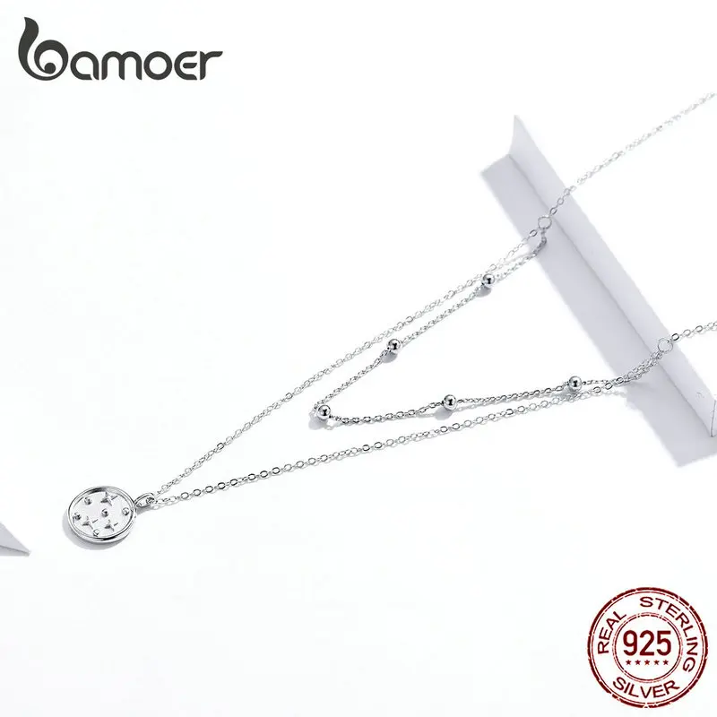 bamoer Double Layer Coin Necklace for Women Genuine 925 Sterling Silver Bead Chain Star Necklaces Female Fine Jewelry SCN365