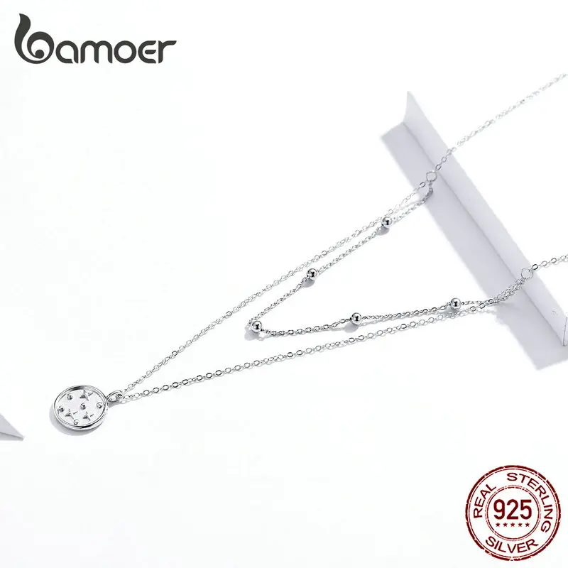 Billige Bamoer Doppel Schicht Münze Halskette für Frauen Echtes 925 Sterling Silber Bead Kette Stern Halsketten Weibliche Feine Schmuck SCN365