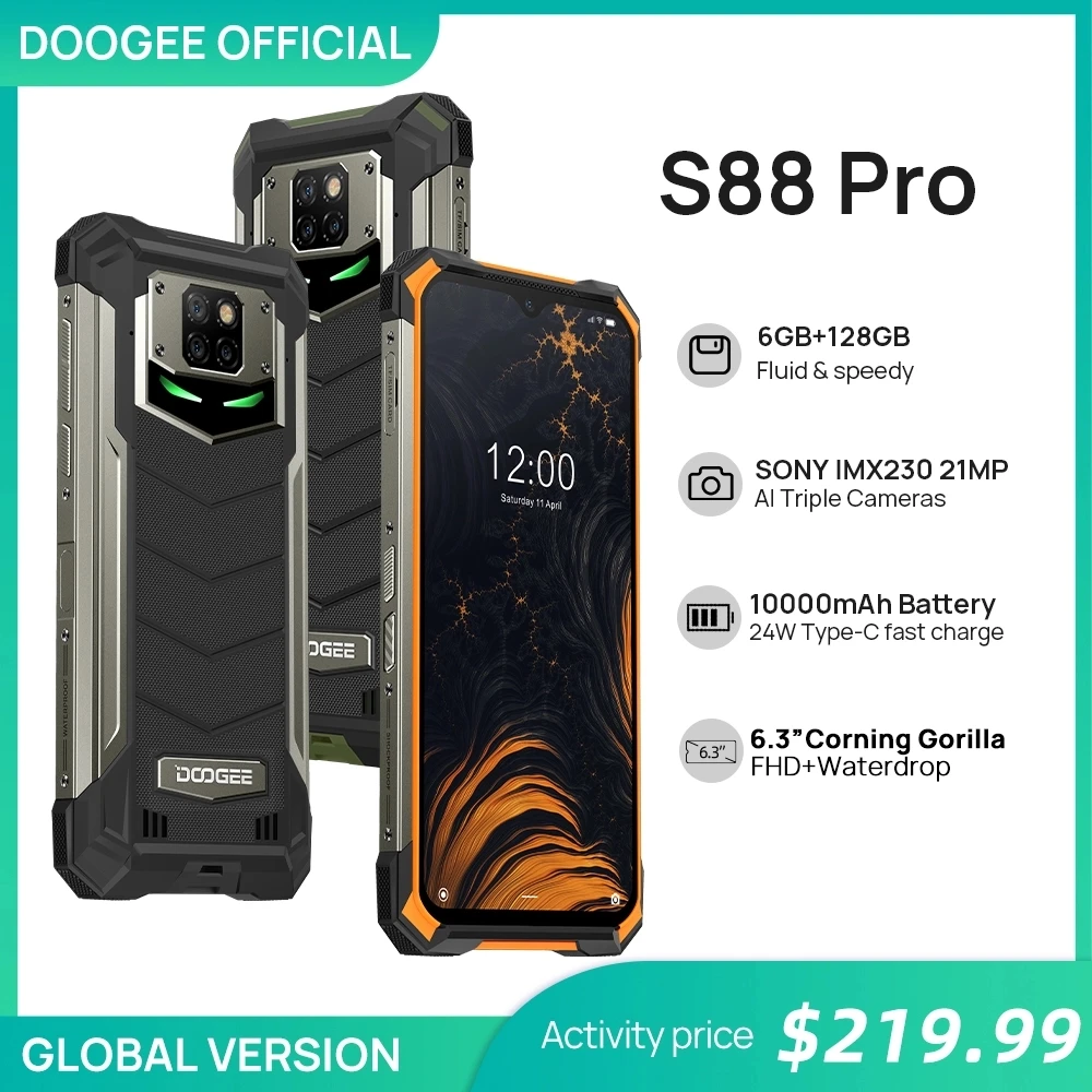 DOOGEE-teléfono inteligente S88 Pro IP68/IP69K, resistente, 10000mAh, Helio P70, Octa Core, 6GB RAM 128GB ROM, Android 10 OS