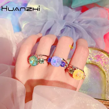 

HUANZHI 2020 New Trendy Color Geometric Shiny Crystal Double Layer Open Adjustable Metal Ring for Women Girls Party Jewelry