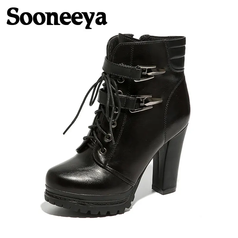 

Sooneeya Double Buckle Platform Shoes Spring Autumn Punk Gothic Women Ankle Boots Female High Heels Zipper Leather Shoes Woman