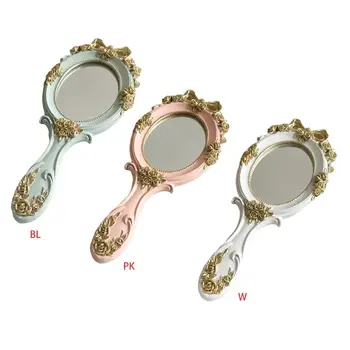 

European Palace Style Vintage Handheld Roses Mirror Princess Women Girls Oval Vanity Makeup Cosmetic Tool with Anti-Slip Handle