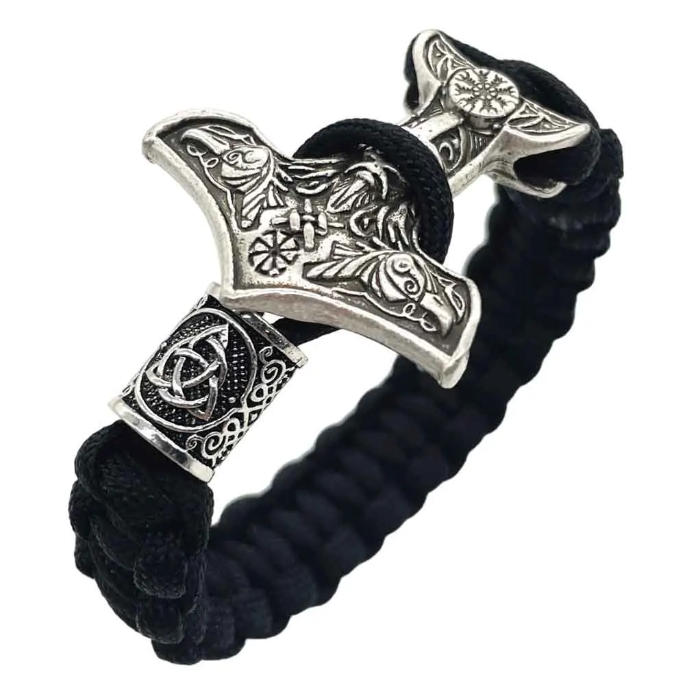 Norse Aegishjalmur Thor Hammer Mjolnir Odin Raven Viking Bracciale Da Uomo Slavo Bangle