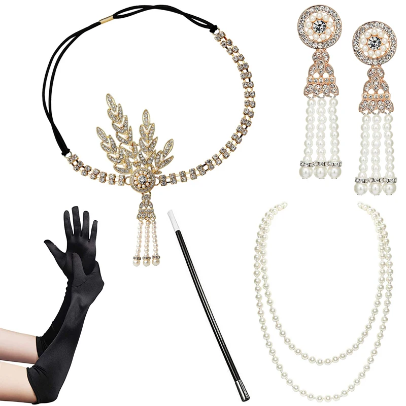 1920s Great Gatsby Accessories Set for Women 20s Costume Flapper Headband Pearl Necklace Bracelet Earring Cigarette Holder ladies halloween costumes Cosplay Costumes
