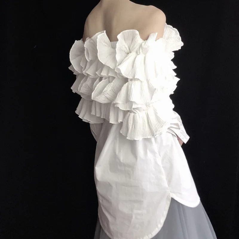 Fashion Tide New Autumn And Winter Ruffles Pleated Off The Shoulder Full Sleeves Single Breasted Cotton Shirt BLOUSE