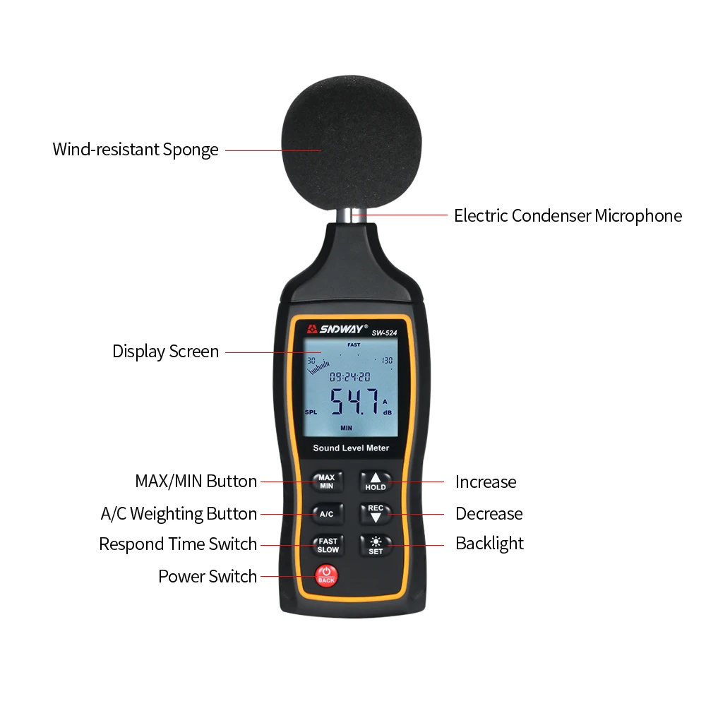 SNDWAY SW-524 30-130 дБ Цифровой измеритель уровня звука цифровой измеритель шума измерительный прибор для измерения уровня шума децибел контрольный тестер