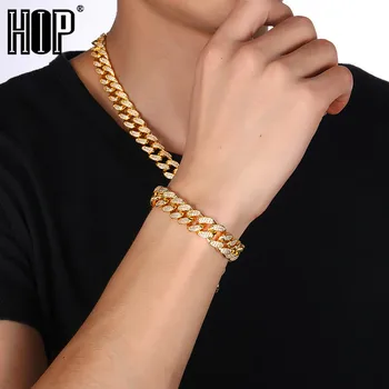 

Heavy Cubic Zirconia Miami Cuban Chain with Bracelet Necklace Set Gold Color 12mm Big Choker Men's Hip hop Jewelry 16" 18"