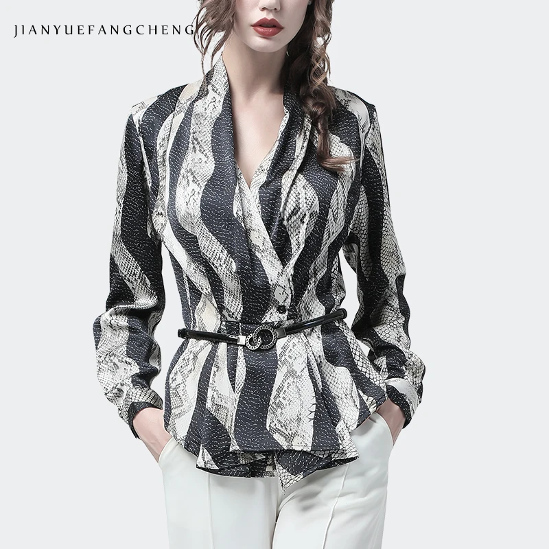  High Street Women Shirt Striped Snake Skin Printed Long Sleeve V-Neck Satin Top With Metal Belt Plu