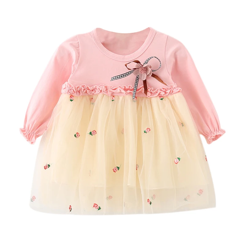 Осеннее хлопковое платье с длинными рукавами для маленьких девочек; 3 цвета; милое однотонное платье высокого качества в стиле пэчворк с рисунком животных - Цвет: Pink C