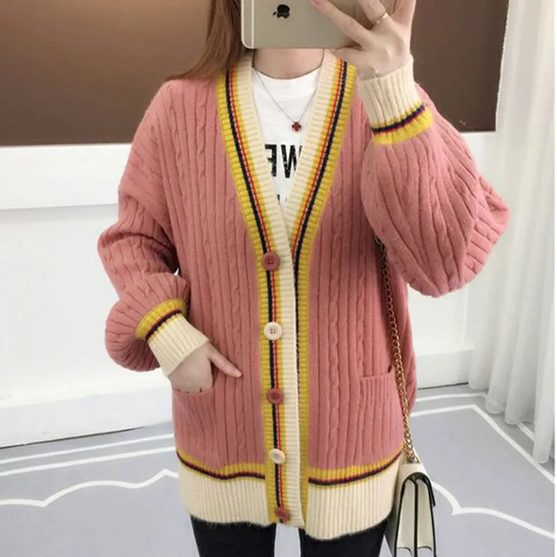 Осень Зима Свободный вязаный женский кардиган свитер корейский стиль размера плюс однобортный розовый полосатый свитер пальто женский