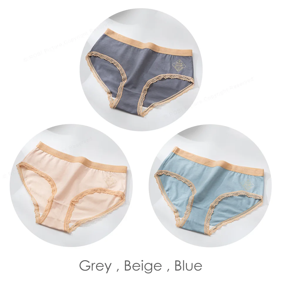 Grey Beige Blue 3pcs/lot Comfort Cotton Underpants With Lace Briefs Female Underwear Women's Seamless Knickers Lingerie Antitacterial Breathable - Цвет: Grey Beige Blue