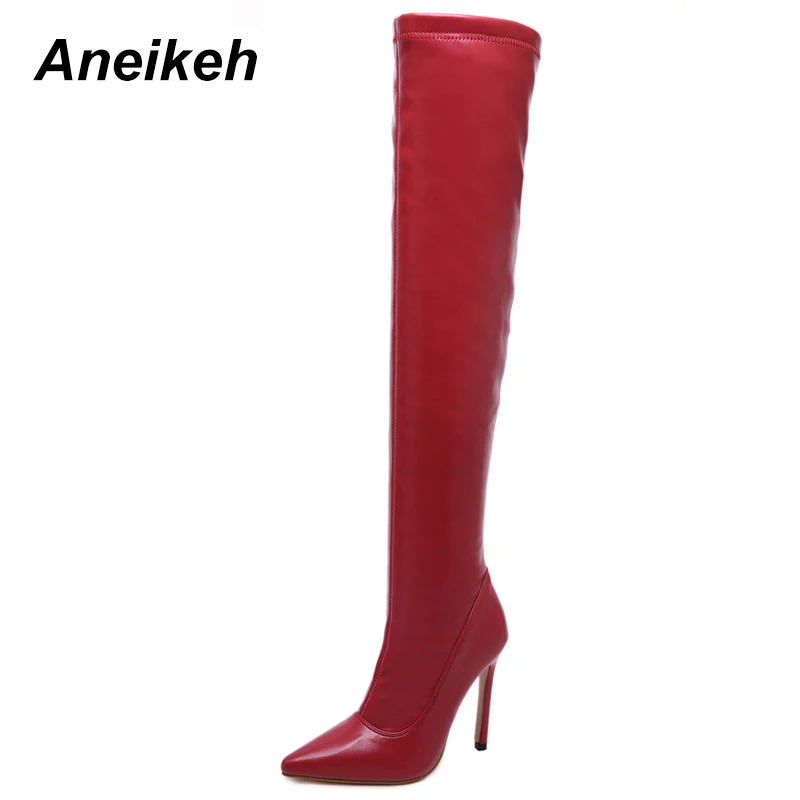 Aneikeh/Новые модные ботфорты выше колена из искусственной кожи в стиле Рианны облегающие высокие сапоги до бедра на тонком высоком каблуке под платье обувь для вечеринок размер 40