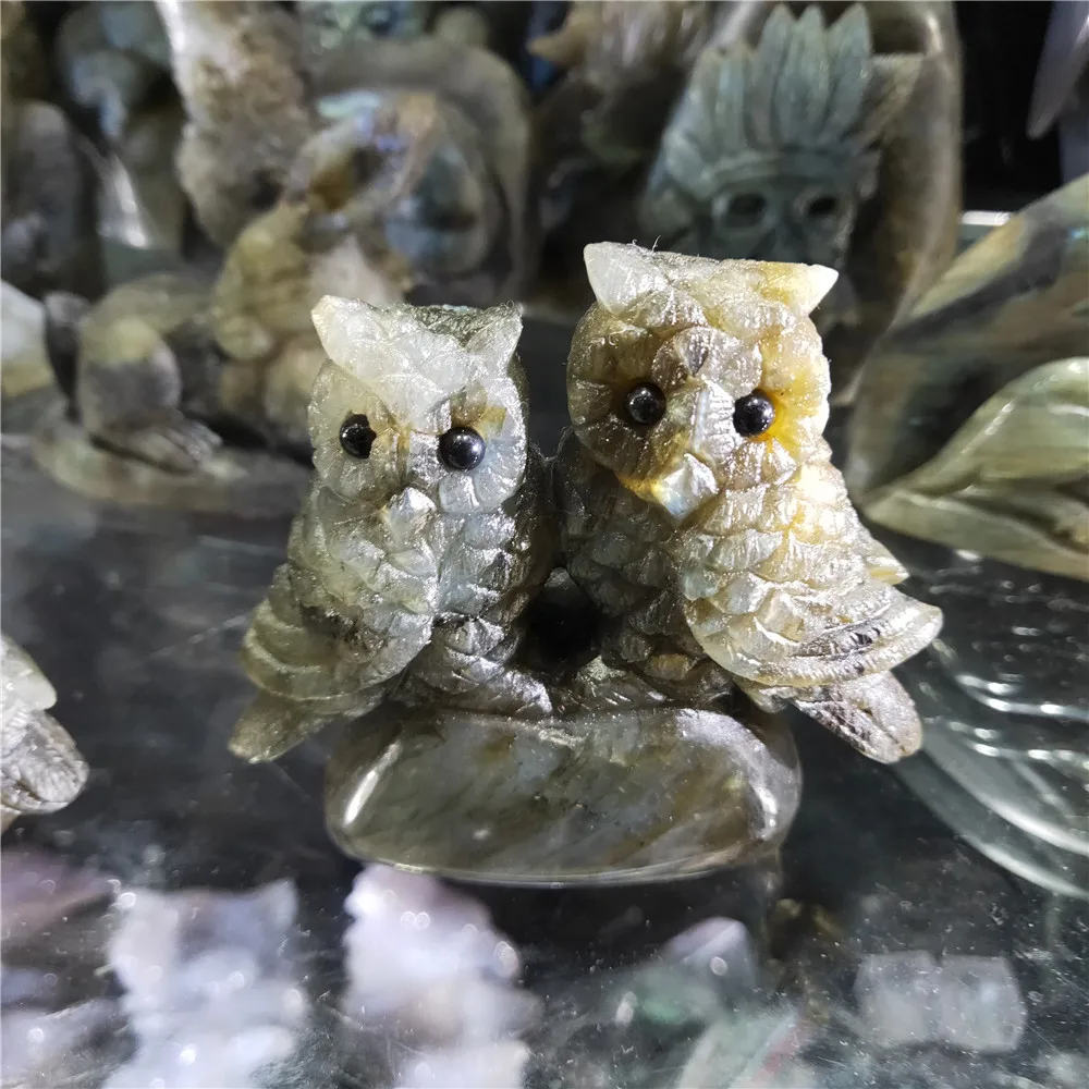 1pcs AAAA Natural gem crystal elongate stone carving animal owl natural pull feldspar unicorn healing home decoration luster