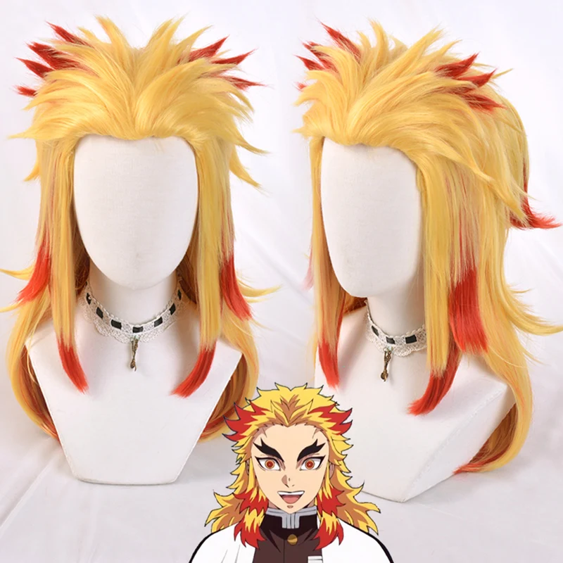 Anime Demon Slayer Rengoku Kyoujurou Blonde Ombre Wig Cosplay Costume Men Women Heat Resistant Pontail Hair Wigs + Wig Cap anime dress