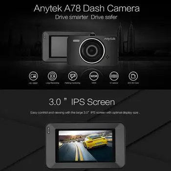 

3 Inch IPS Full HD 1080P 170 Degree Wide Angle Dashcam Car DVR Camera Night Vision Dash Cam Driving Recorder for Anytek A78