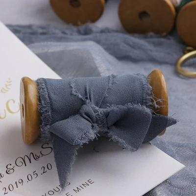 2 ''x 1,5 ярдов изношенный шифон край ленты с катушкой ручной работы лента с бахромой Свадебный Пригласительный букет подарочная упаковка плоские пластины - Цвет: Gray Blue