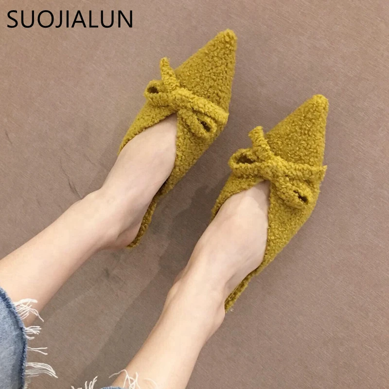 SUOJIALUN/женские шлепанцы на низком каблуке; женские тапочки из натуральной овечьей шерсти; повседневные женские тапочки без застежки для улицы или дома; женские тапочки шлепанцы