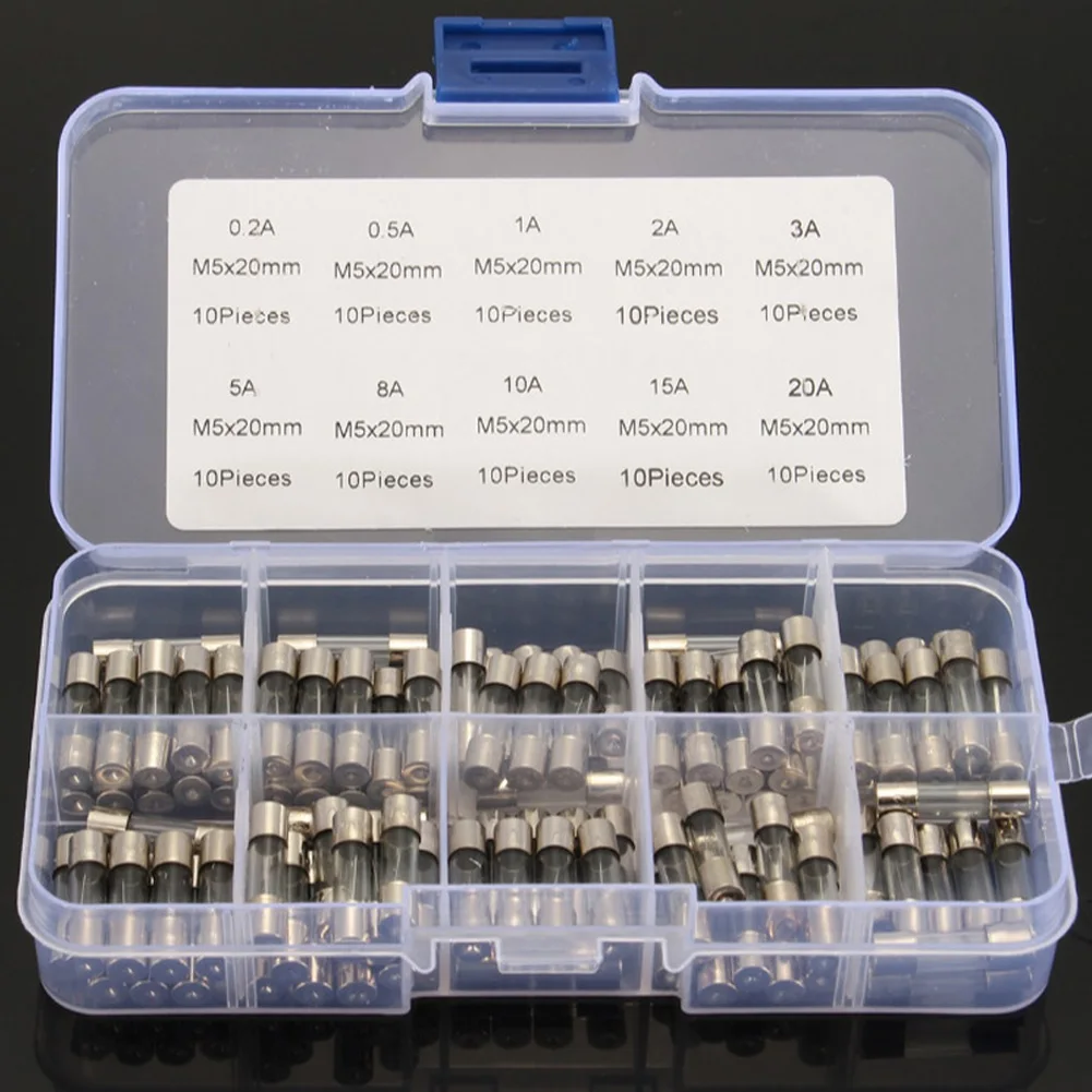 20mm Electrical Assorted Fuse Amp Fast-blow Glass Tube Fuse Mix Set With Box 0.2A 0.5A 1A 2A 3A 5A 8A 10A 15A 20A