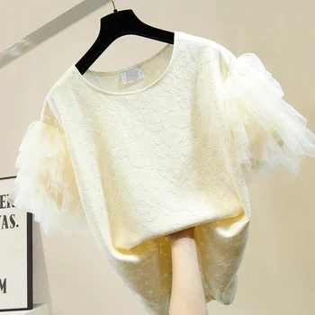 

Lace Shirt Women Frilled Mid Length Lace Shirt New Loose Short Mesh Sleeve Blouse Lady's Tops Blusas Mujer De Moda 2020