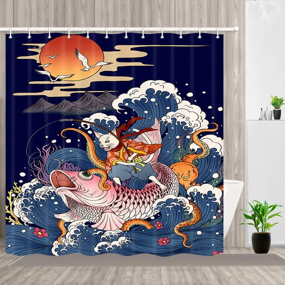

Японский комплект душевой занавески Ukiyo-e, большой кот на большой рыбе кои в море, Большой Волнистый водонепроницаемый декор для ванной комнаты