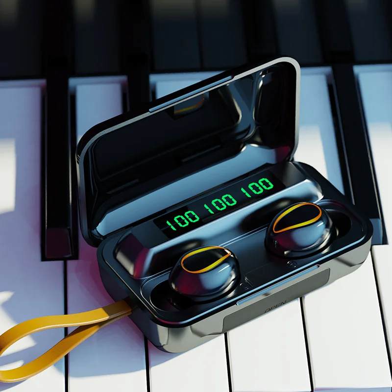 Mini TWS Bluetooth 5.0 Earphones 9D stereo sports waterproof smart touch headset with microphone noise reduction.