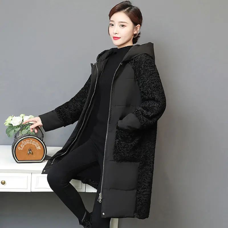 

Winter down cotton clothing women's middle and long style Korean version loose and thin lamb Plush splicing coat cotton jacket