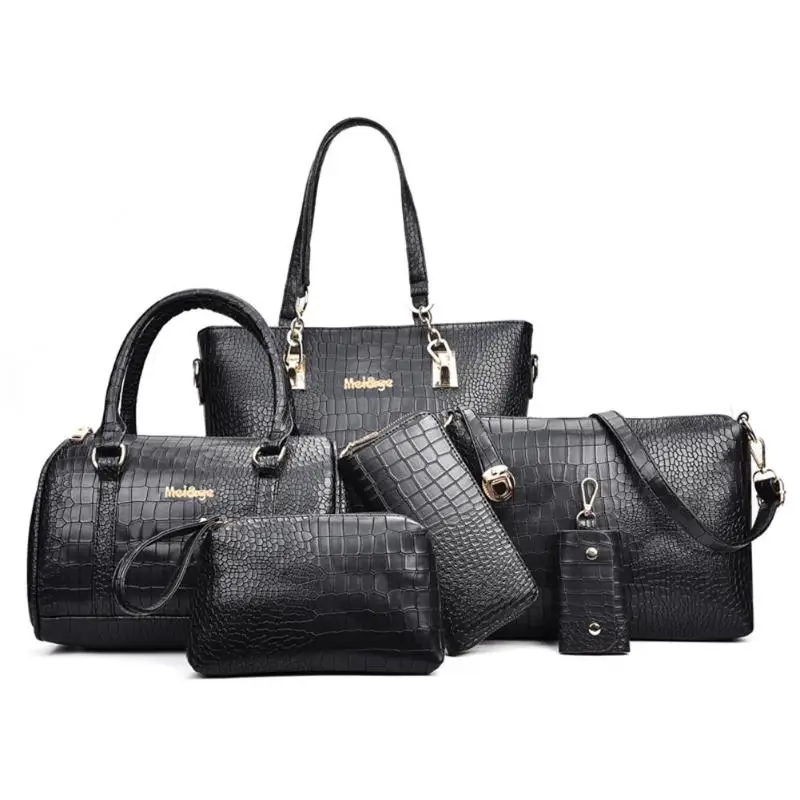 6 шт./компл. модные роскошные дизайнерские крокодиловые ПУ кожаные сумки через плечо сумка-мессенджер клатчи композитные сумки брендовые сумочки - Цвет: Black