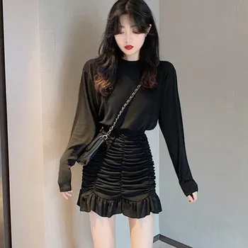 

Autumn Winter Slim Dress Solid Color Slim Ruffled Pleated Long-sleeve Dress For Women