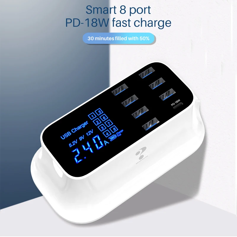 8 портов USB зарядное устройство Смарт USB PD 18 Вт светодиодный цифровой дисплей зарядная станция USB ЗУ для мобильного телефона адаптер для iPhone samsung