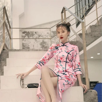 

2019 Chinese style female silk dress satin cheongsam Womens vintage floral qipao 3/4 long sleeve sexy split qi pao robe