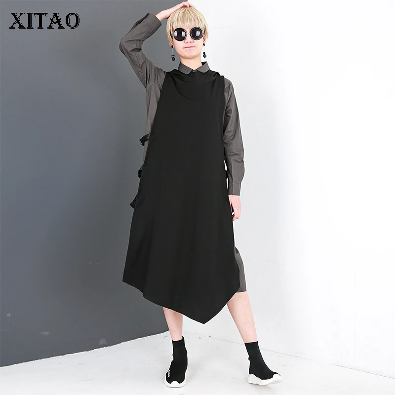 

XITAO Irregular Hit Color Midi Dress Women Clothes Elegant Hooded Collar Autumn Goddess Fan Patchwork False Two Piece KZH253