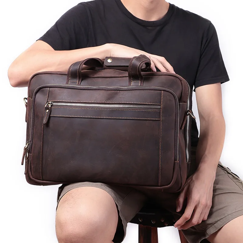 

JIAMEN Men Briefcase Genuine Leather Laptop Bag 15.6" PC Doctor Lawyer Computer Bag Cowhide Male Briefcase Cow Leather Men Bag