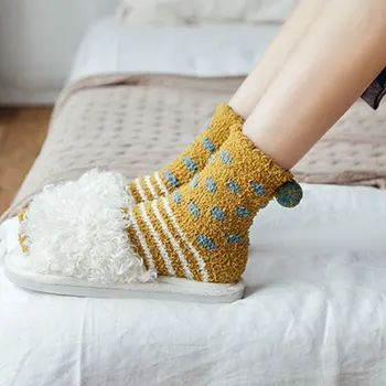 

Korean Winter Warm Small Ball Striped Socks For Women Girls Sleeping Socks Home Floor Socks Coral Fleece Thick Socks