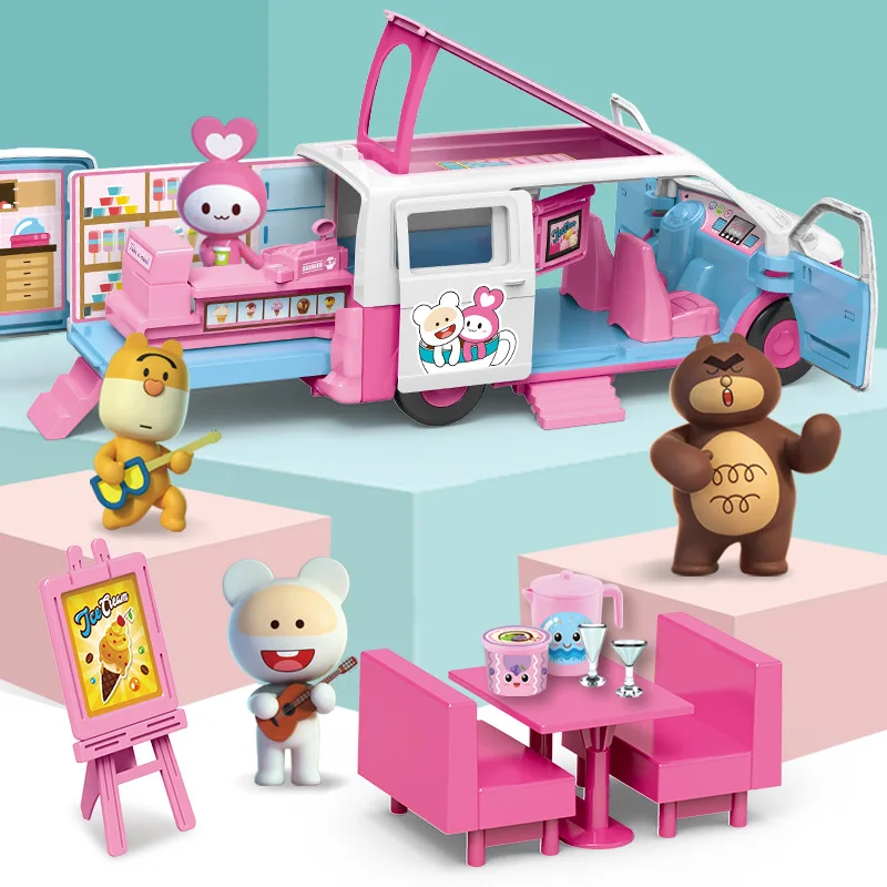 

New Children's Family Travel Toy Bus Station Wagon Ambulance Model Toy Cartoon Character Toy Car Set Christmas Children's Gift
