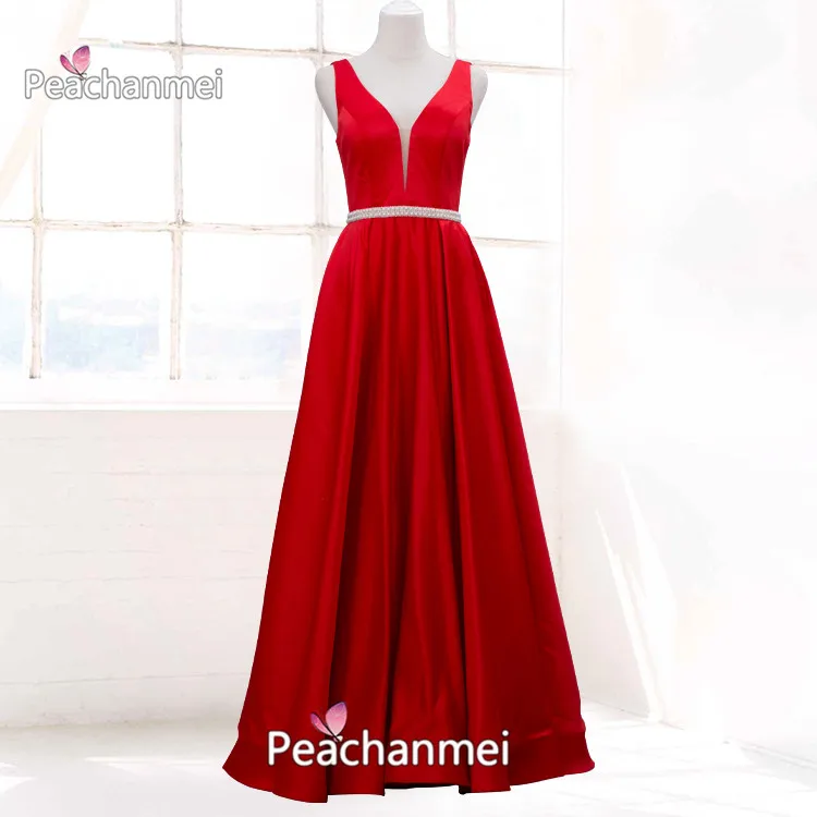 

Real Photos Formal Evening Dress Long Beaded Pearls Robe De Soiree Prom Dress V-Neck Satin A Line Sash Elegant Sexy Ball Gowns