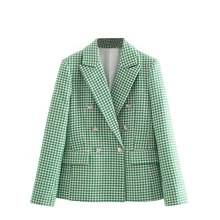 XNWMNZ Za chaqueta con bolsillos a cuadros, traje informal de doble botonadura, chaqueta de manga larga con solapa en la espalda, prendas de vestir con pata de gallo dividido