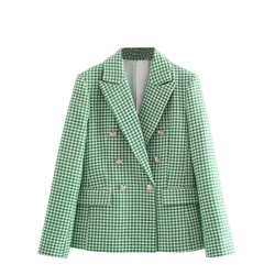 Xnwmnz za casaco de bolso blazer xadrez casaco duplo breasted casual jaqueta lapela manga comprida atrás dividido vestimenta