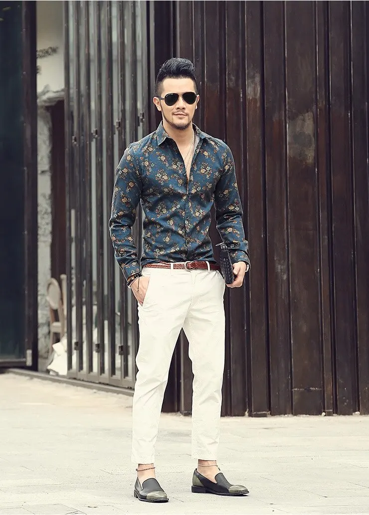 Осенняя мужская рубашка ins Новая мода цветочный принт с длинным рукавом camisa мужская Тонкая Цветочная винтажная льняная Повседневная