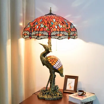 

European-Style Retro Creative Crane Colored Glaze Table Lamp Colored Glass Living Room Restaurant Hotel Bar Dragonfly