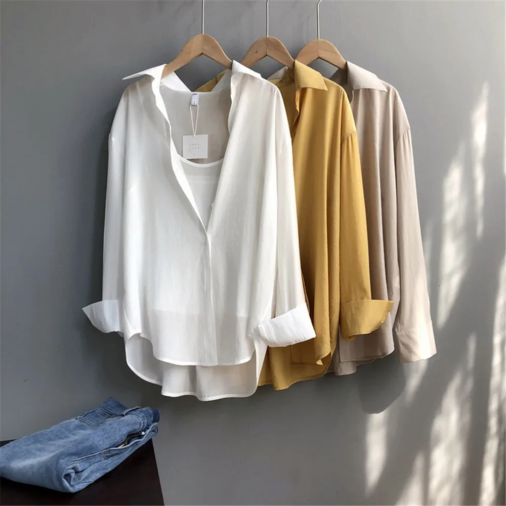 High quality 2pcs Women Blouse Shirt 2020 Summer Solid All match Satin Blouses Shirts Femal Blouse+halter tops Z1082 (39)