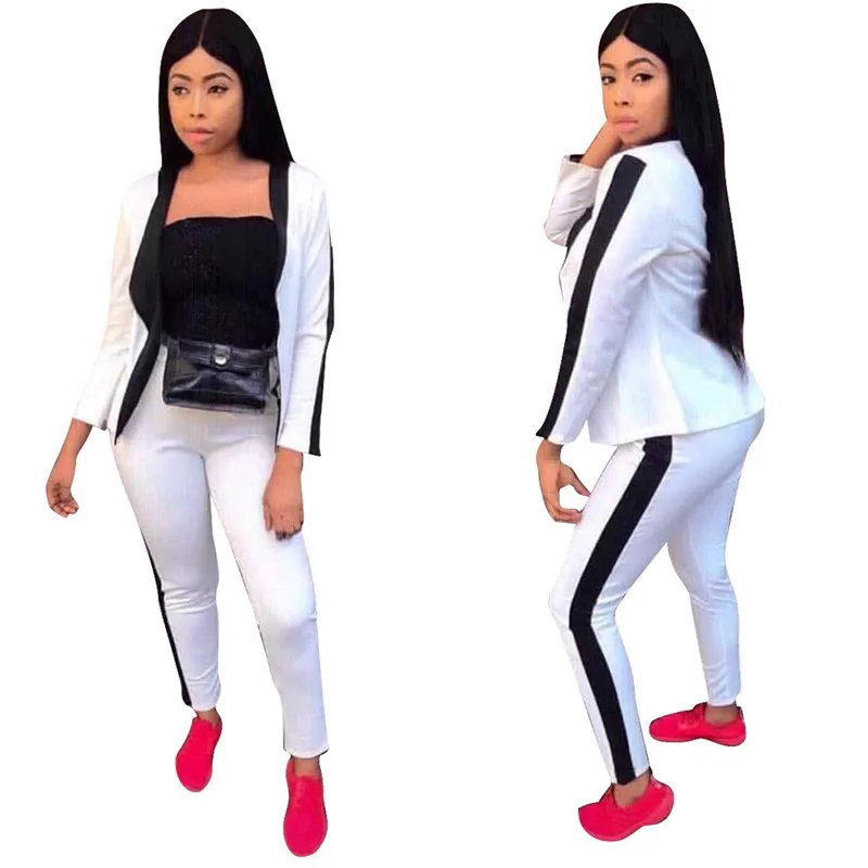 Костюм брючный женский облегающий блейзер и длинные брюки повседневный офисный