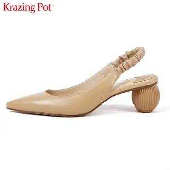 

Krazing pot full grain leather design round med heels solid pointed toe women slip on simple elastic band slingback shoes L10