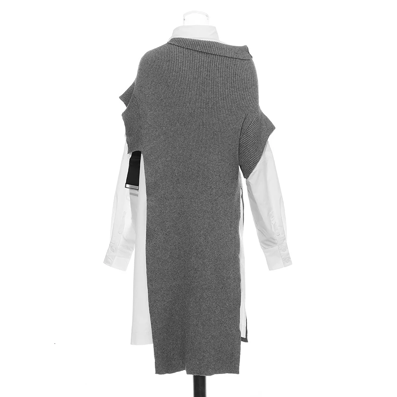 CHICEVER хит цвет комплект из двух предметов женский необычный вязаный свитер воротник с отворотом фонарь рукав платье костюмы для женщин Мода