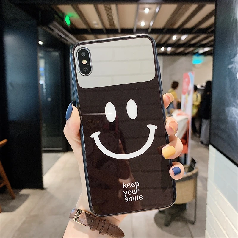 Простой креативный зеркальный чехол для телефона со смайликом для IPhone 11 Pro XS Max XR 7 8 6S Plus модный ремешок из закаленного стекла - Цвет: Black